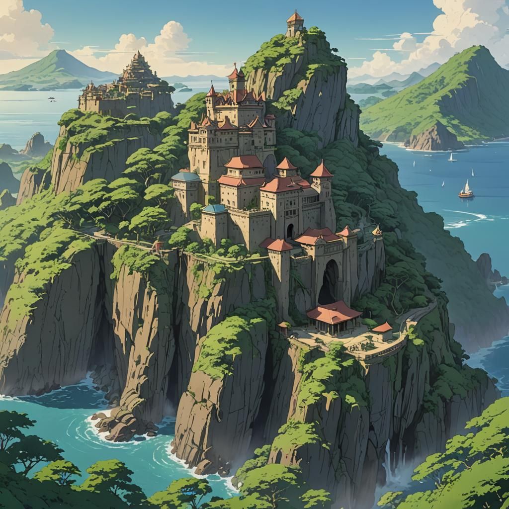 Tropical Island Palace in Anime Style