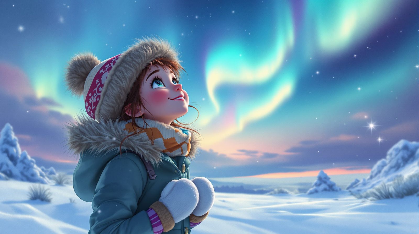 Girl Amazed by Northern Lights in Snowy Landscape