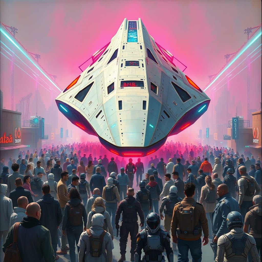 Futuristic Crowd Gathers Before Sleek Spaceship in Cyberpunk...