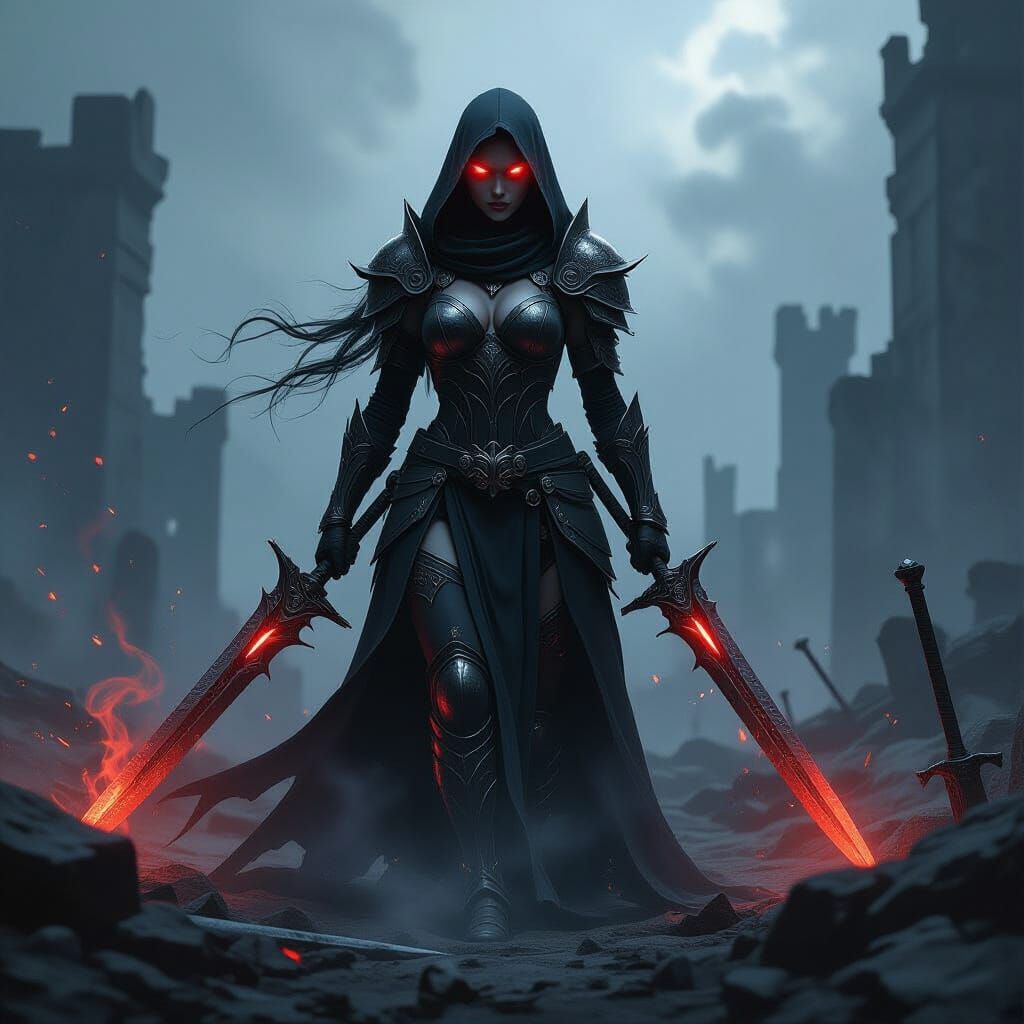 Demon Warrior Amidst Battlefield Ruins
