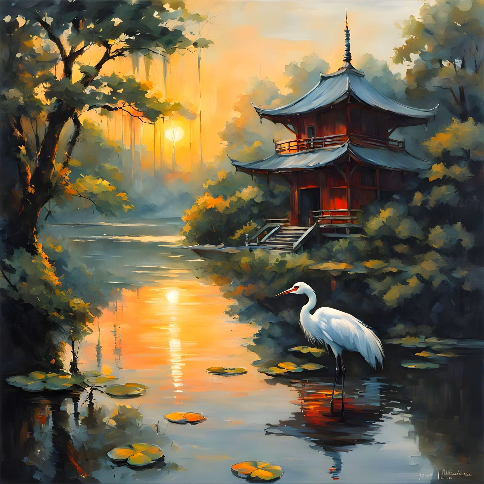 Japanese Temple with Crane in Impasto Style