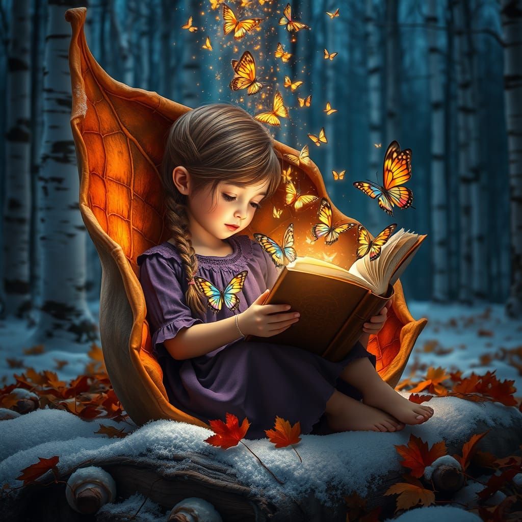 Girl Reading in Autumn Leaf, Butterflies Emerge