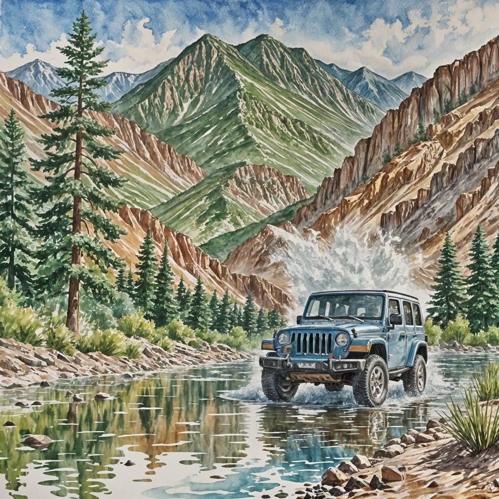Jeep Driving Through Water: Watercolor Painting