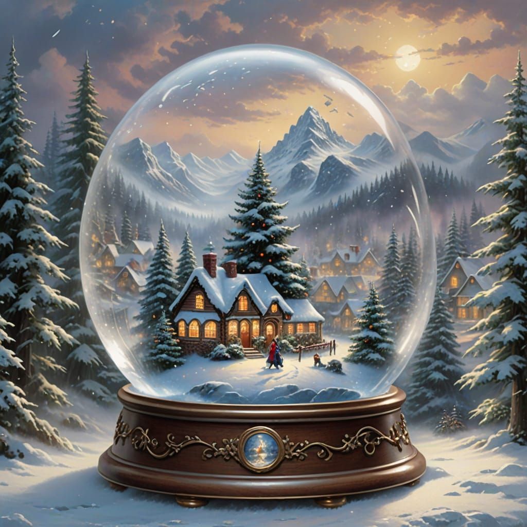 Ethereal Fantasy Snow Globe in Kinkade Style