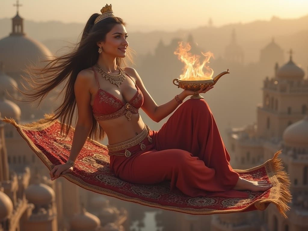 Exotic Genie in Flight Over Medieval Arabian City