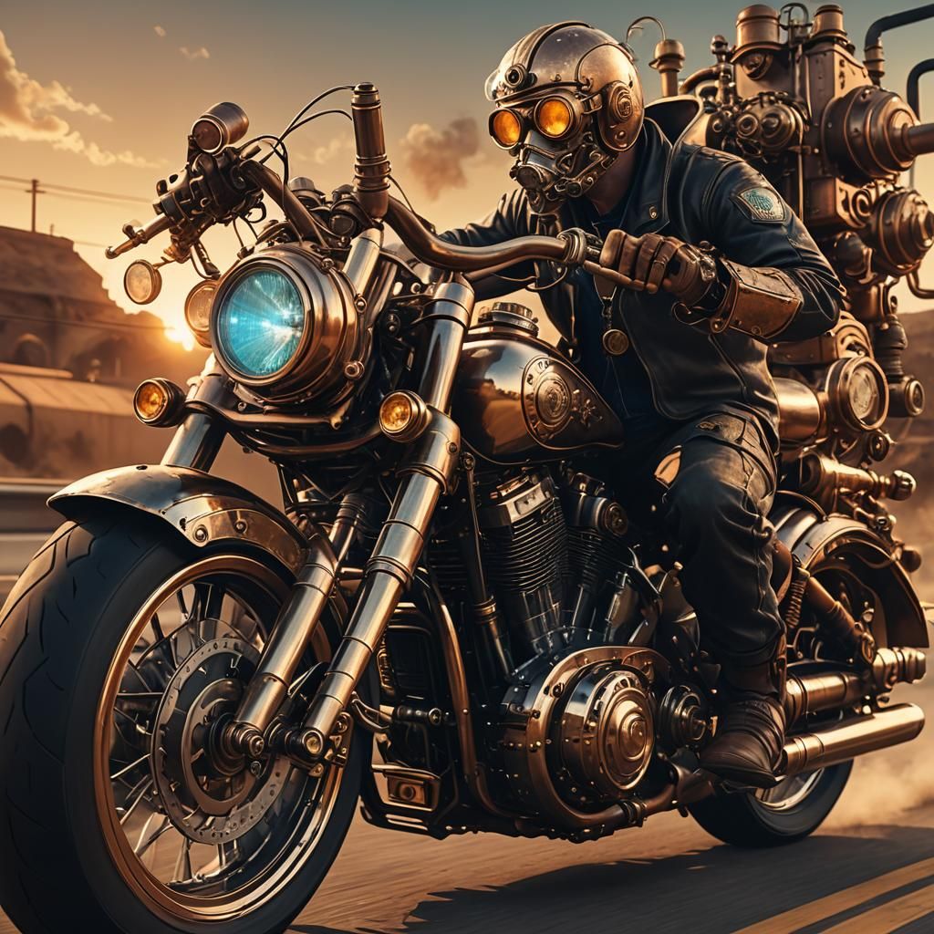 Steampunk Motorcycle on Highway in Sunset Light