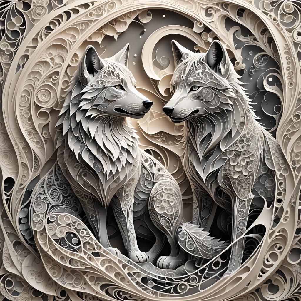 Abstract Lovers: Wolf and Cat in Fractal Design
