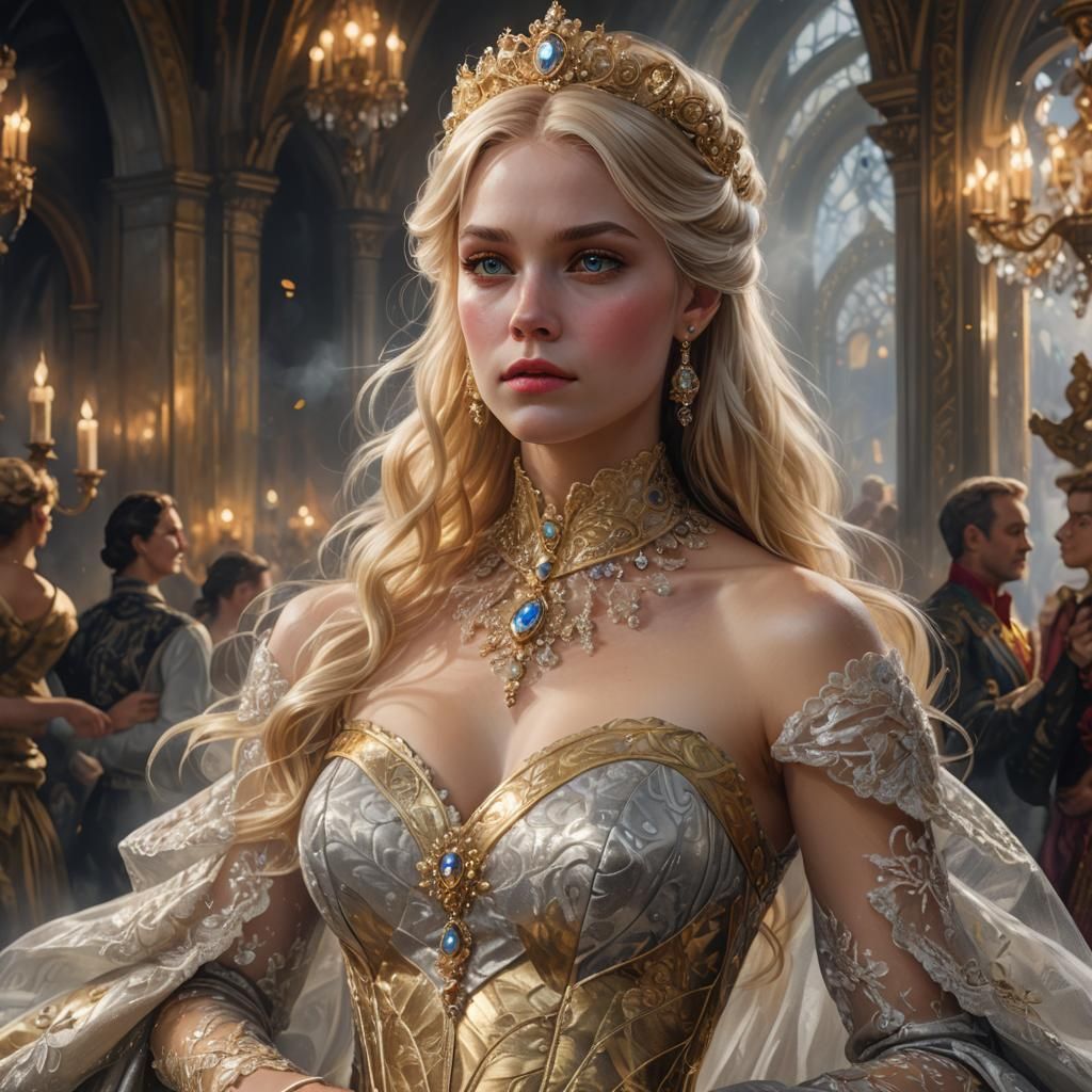 Blonde Queen Portrait in Gold and Silver Gown