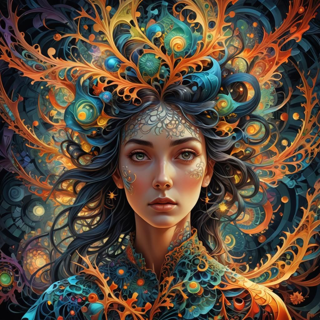 Woman in Fractal Dreamscape: Surreal Digital Art