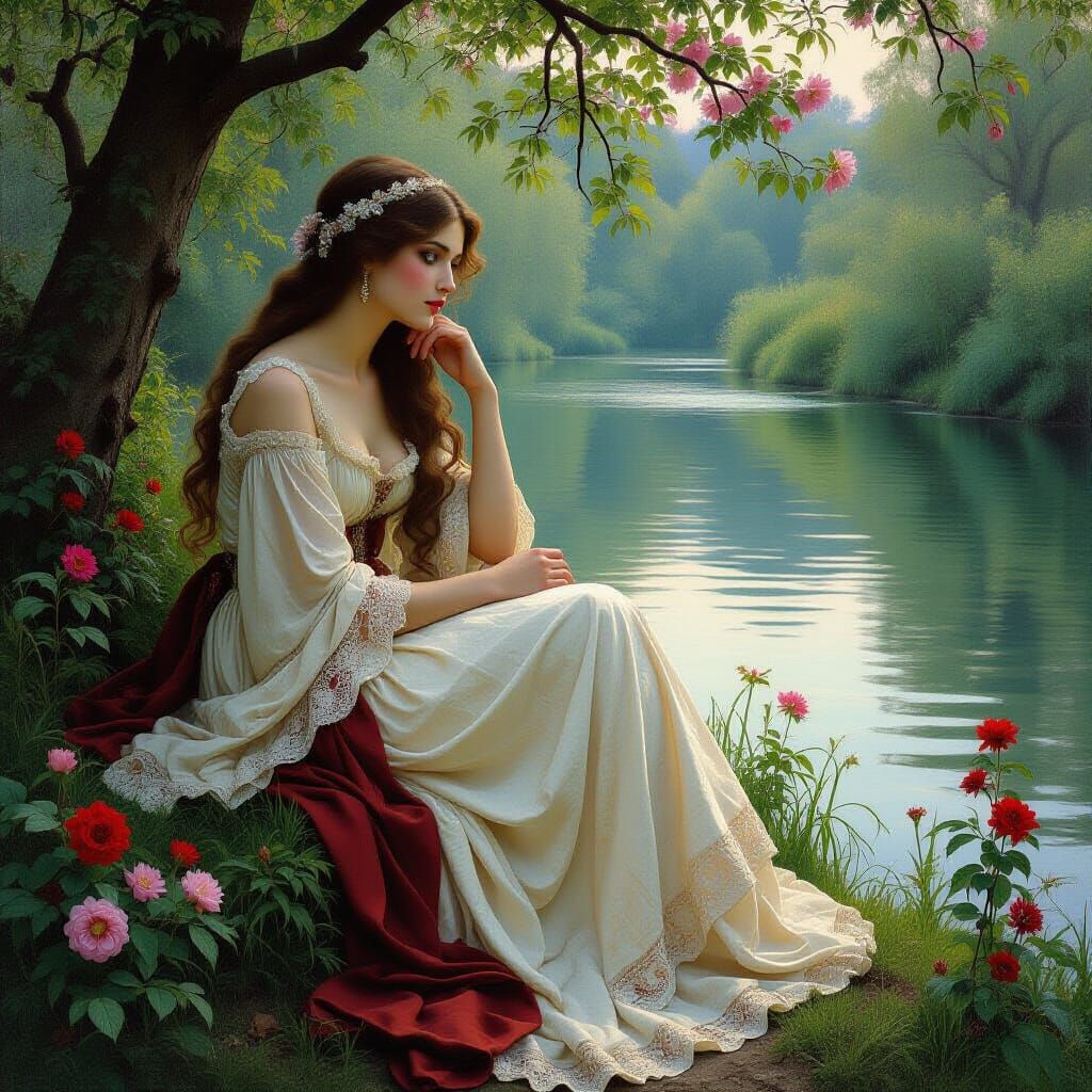 Maiden by Riverbank in Pre-Raphaelite Style