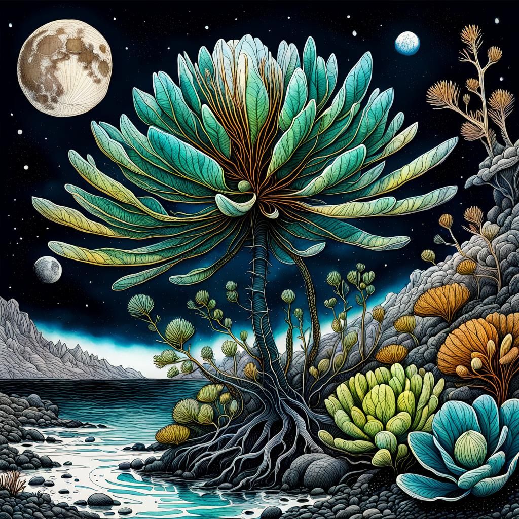 Detailed Ink Drawing of Alien Botanical Life
