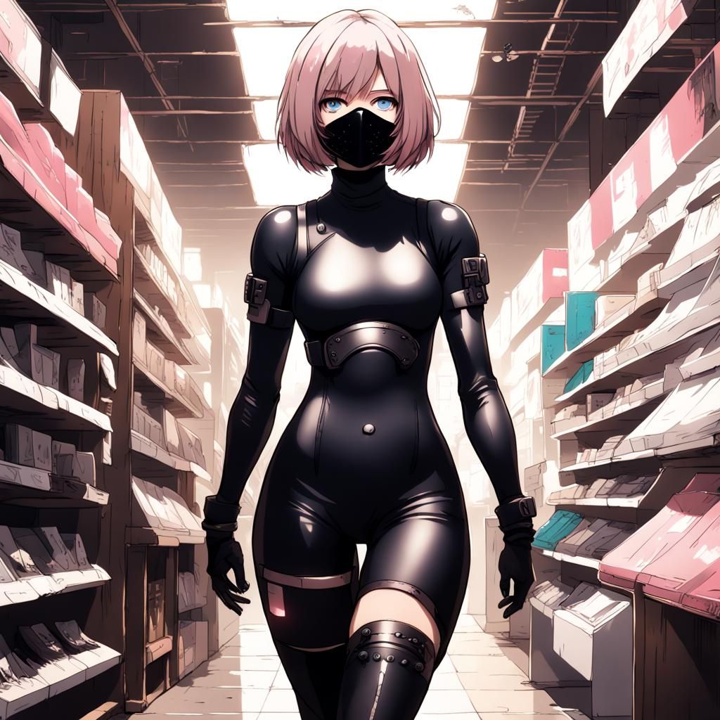 Anime Woman in Cyberpunk Store with French Bob