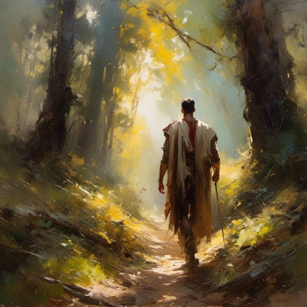 Man Walks Through Forest in Sunlight