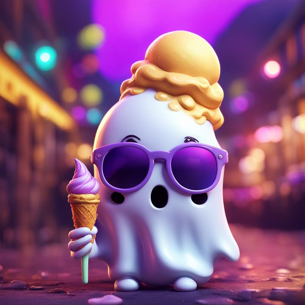 Kawaii Ghost with Ice Cream, Dark Fantasy Art