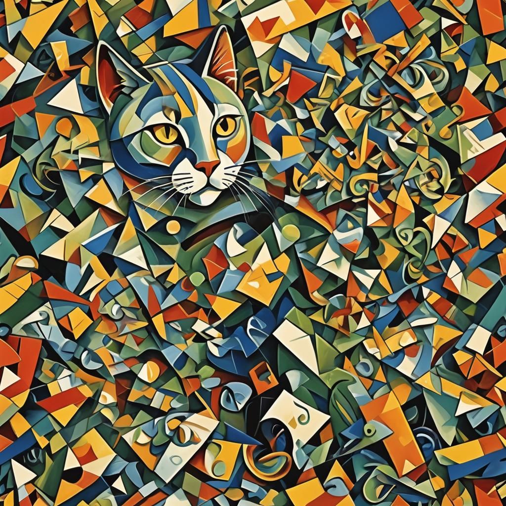 Micro Pickles Fight Cat in Cubist Painting