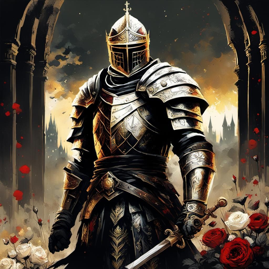 Gothic Knight Templar in Field of Roses