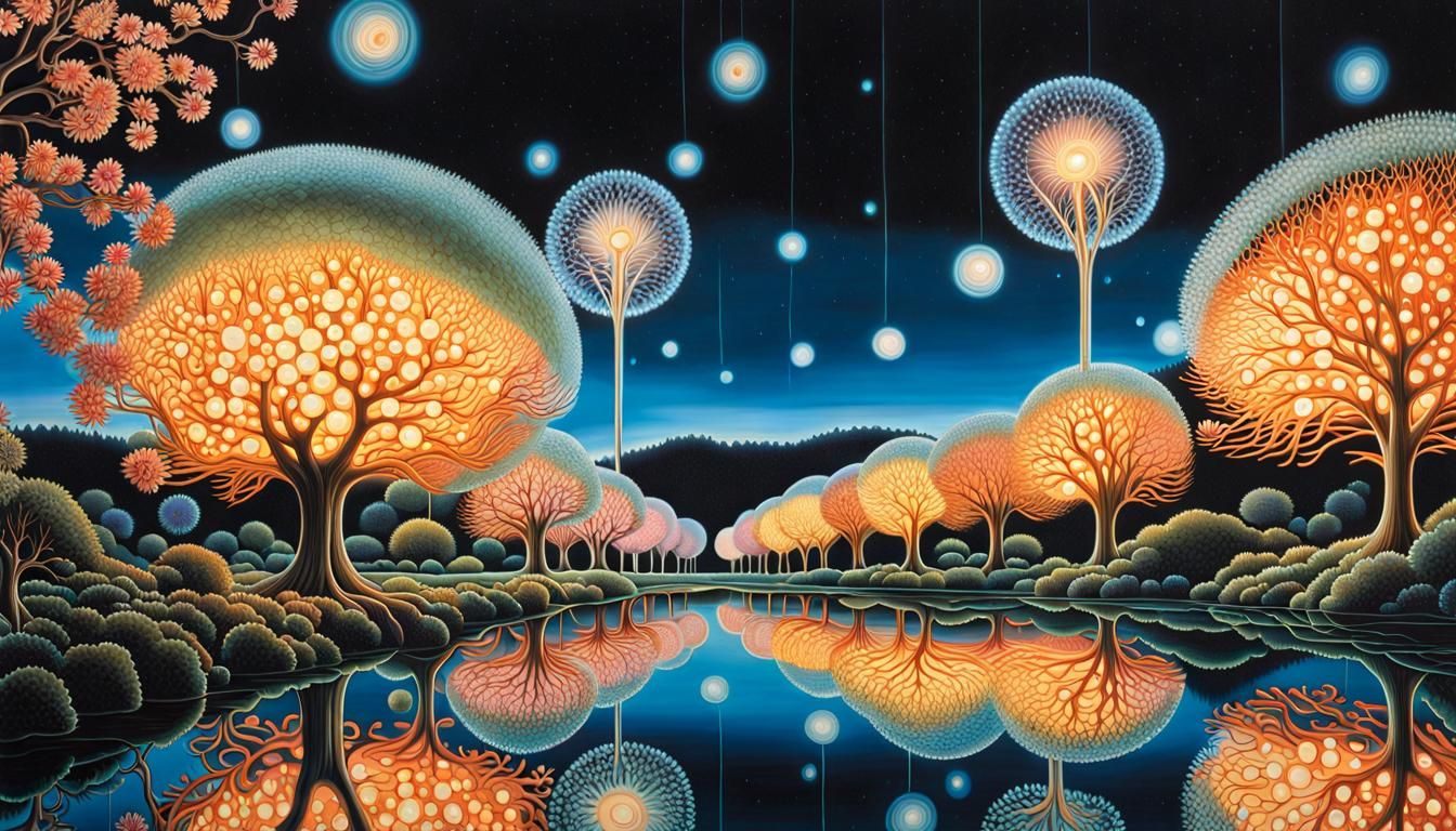 Bioluminescent Neuron Flowers in Escher-Inspired Style