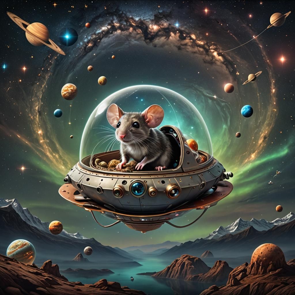 Alien Mouse in Spaceship Soaring Through Starry Sky
