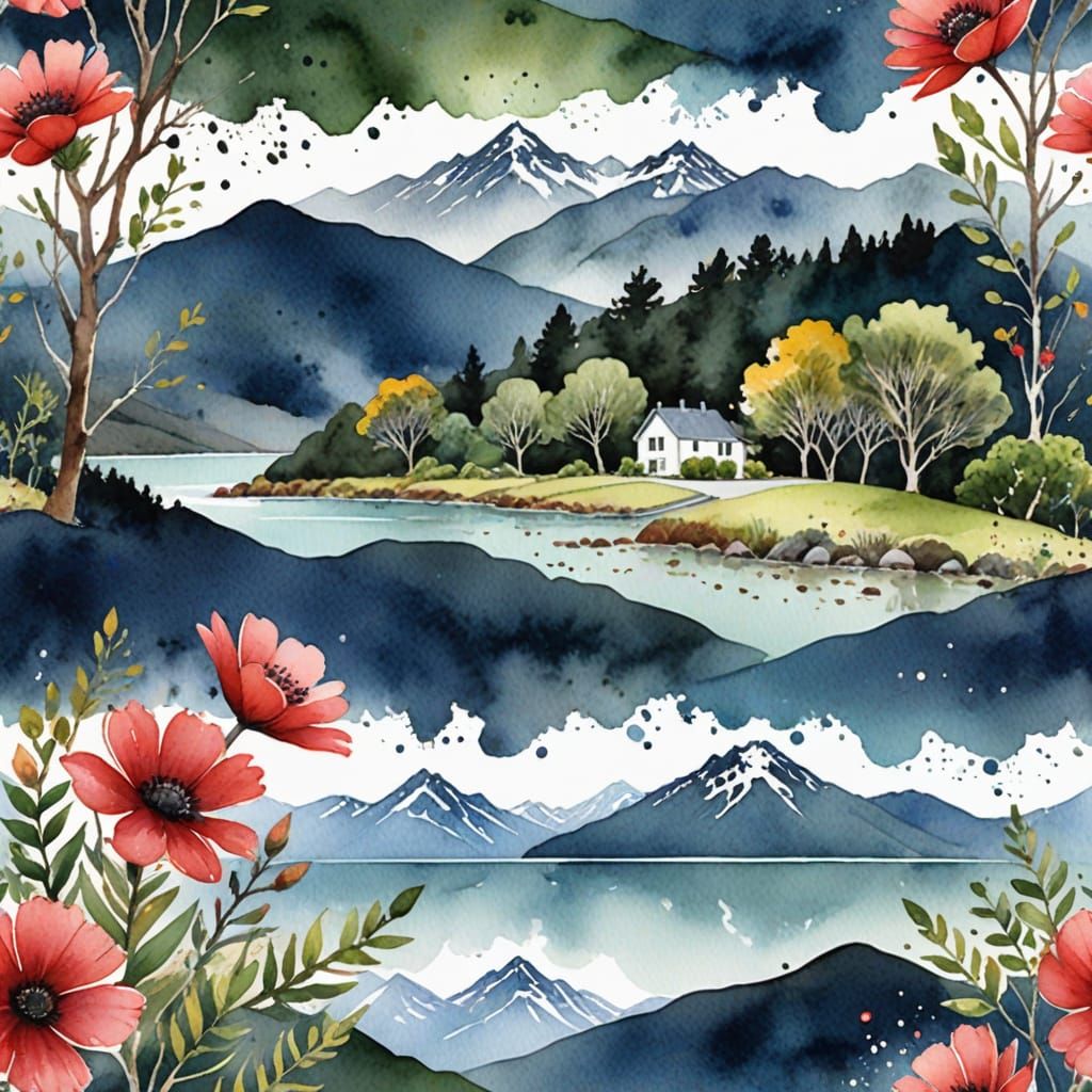 Romantic New Zealand Illustration with Watercolor Splashes