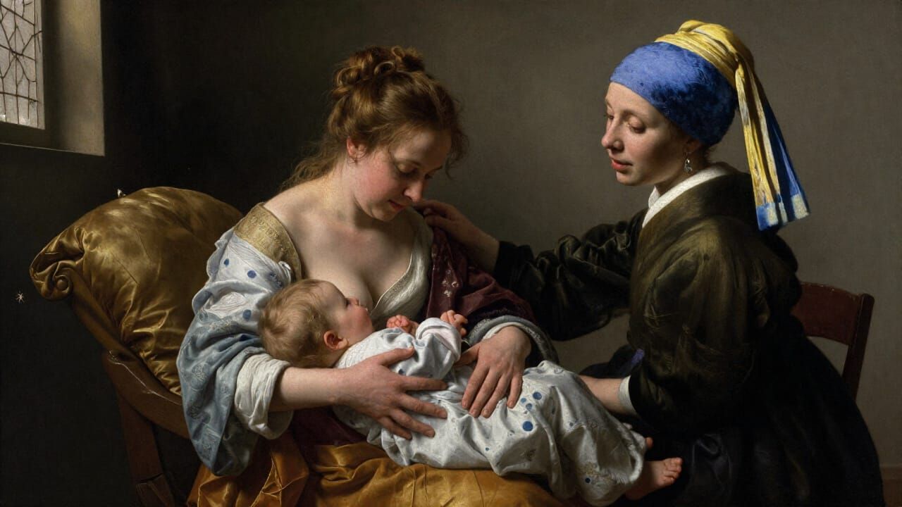 Maternal Love: Mother Breastfeeding Child in Old Masters Sty...