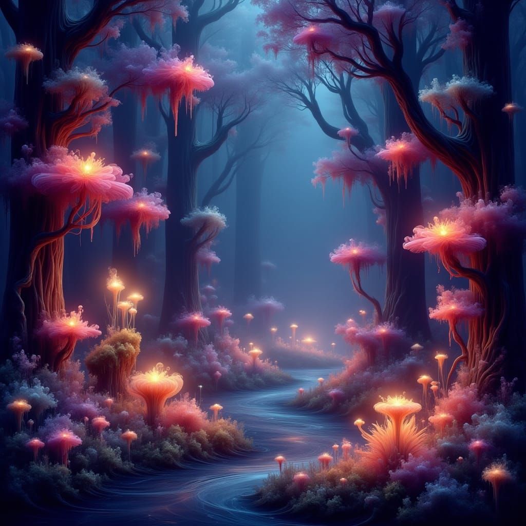Enchanted Glowing Twilight Forest with Bioluminescent Flora