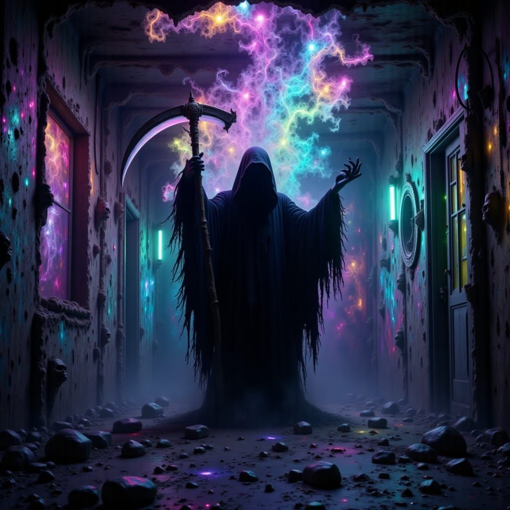 Surreal Asylum Haunted by Grim Reaper in Vibrant Psychedelic...
