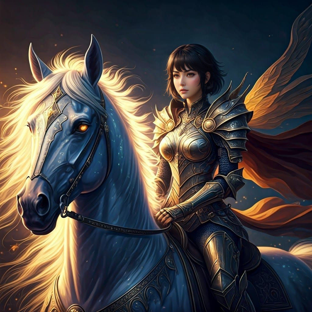 Anime Woman Riding a Horse in a Fantastical Landscape