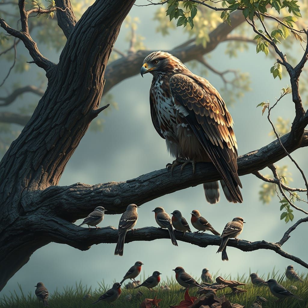 Ethereal Hawk Observes Flock of Sparrows in a Fantastical Fo...