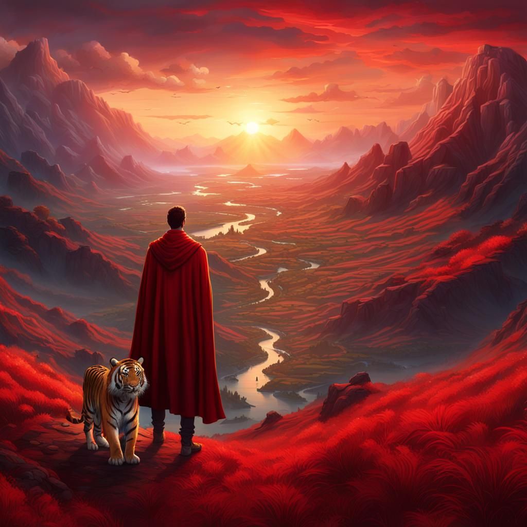 Fantasy Valley: Man, Woman, and Tiger at Sunset