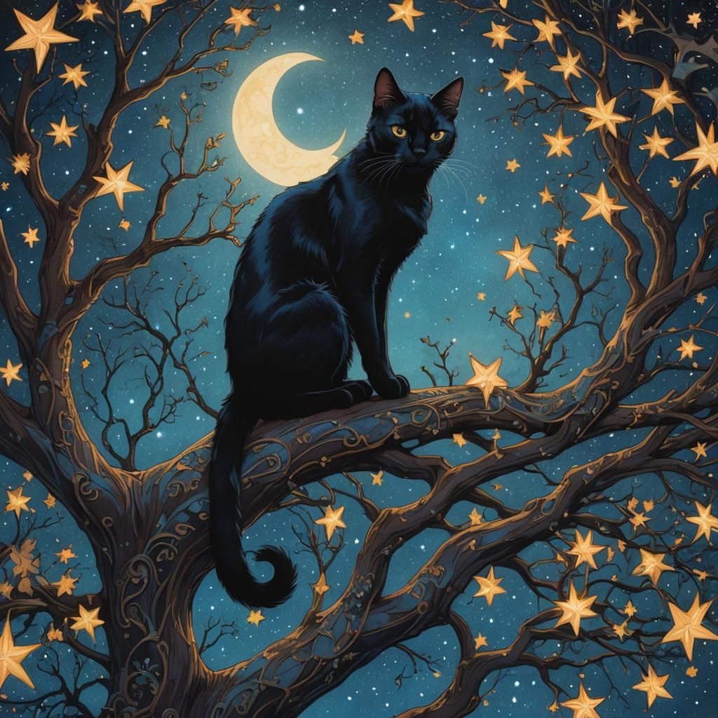 Art Nouveau Starry Sky Cat Silhouette
