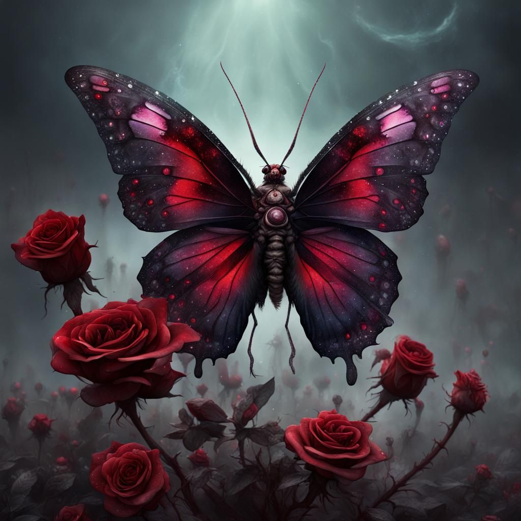 Zombie Butterfly on Dark Red Rose in Digital Art