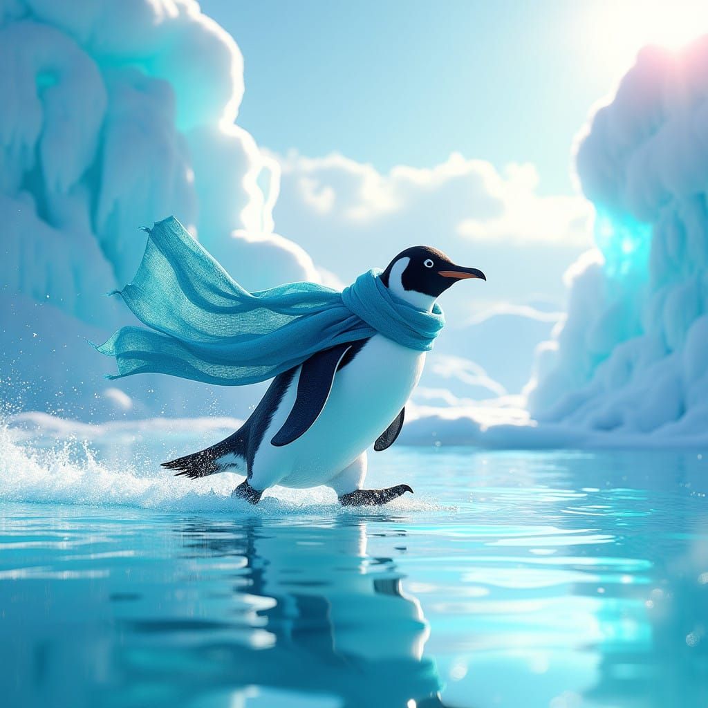 Penguin Ice Skating in Vibrant Antarctic Summer Landscape