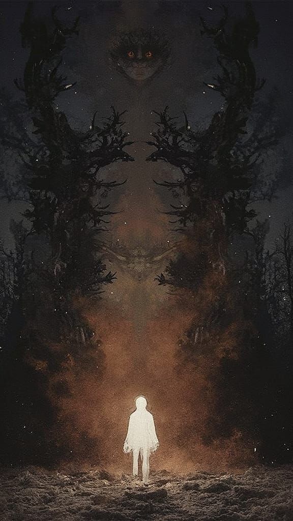 Eerie Lone Figure in Misty, Shadowy Landscape