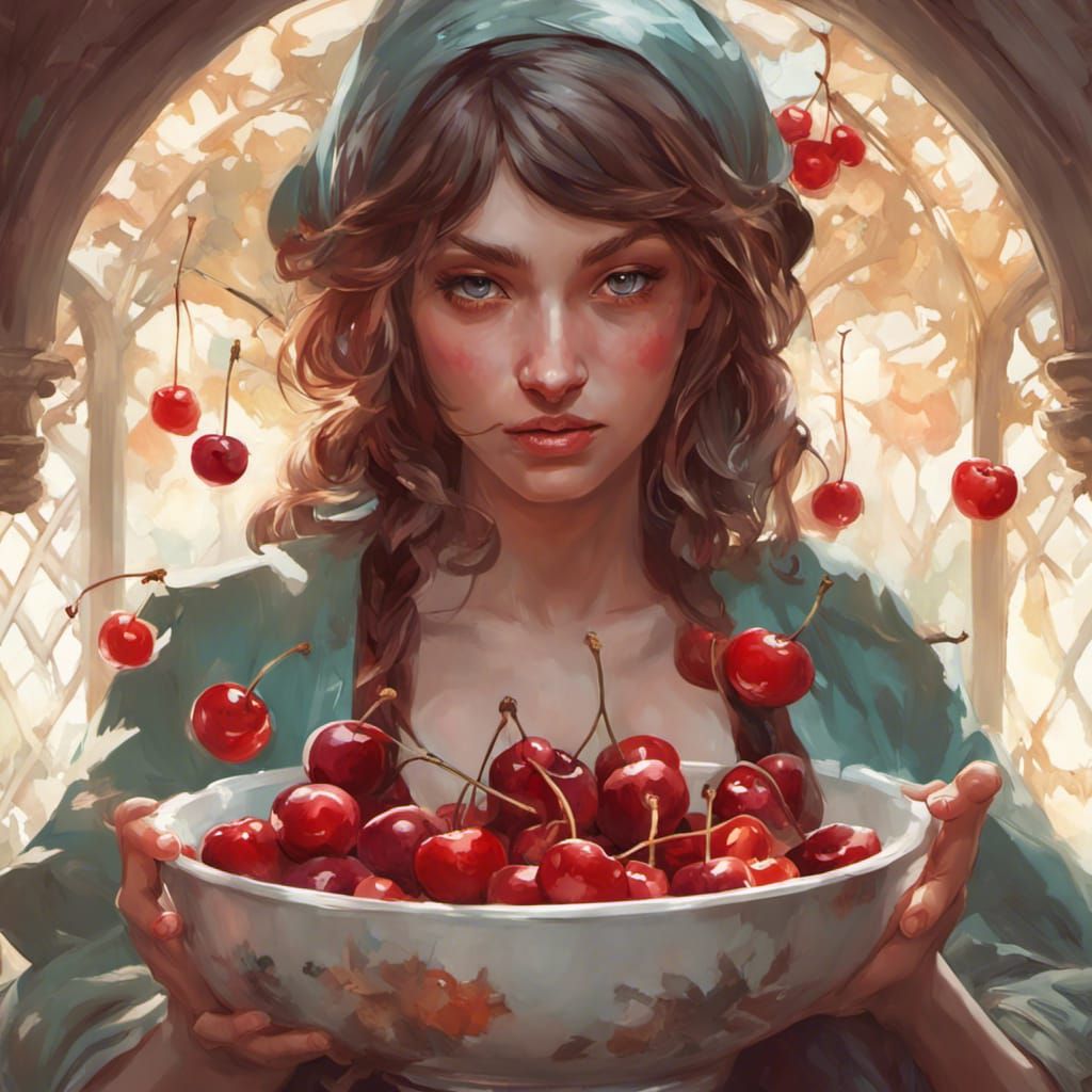Girl Eating Cherries: Hyperdetailed Romantic Portrait