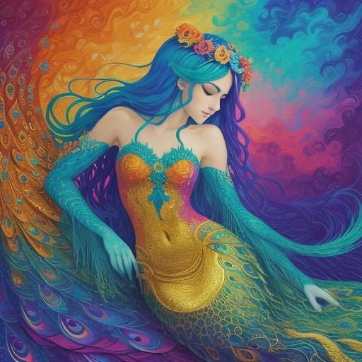 Peacock Mermaid in Psychedelic Abstract Art