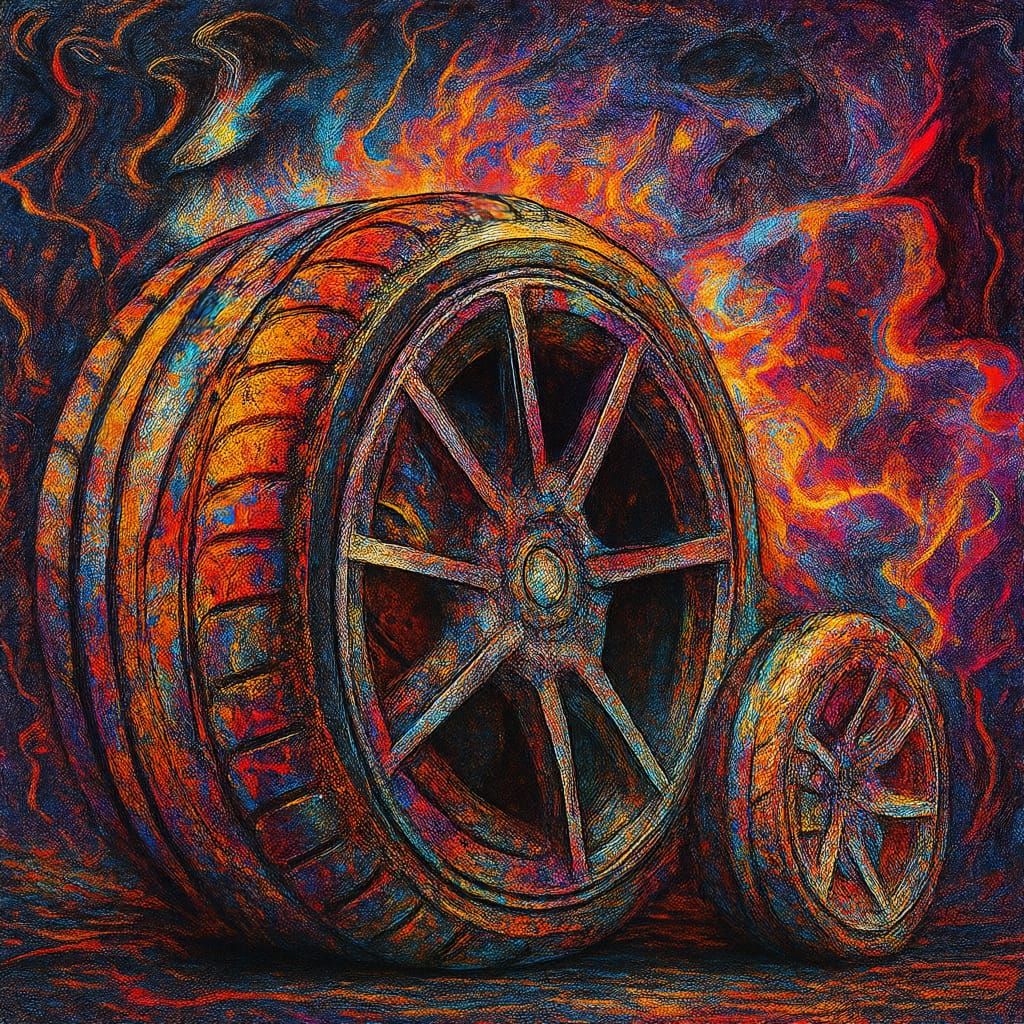 Intricate Car Tires with Colorful Decals and Graffiti Art St...