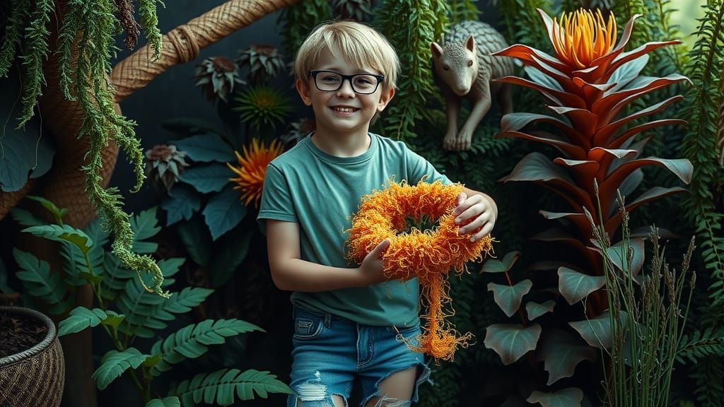 Charlie Holds Algae Specimen in Lush Setting