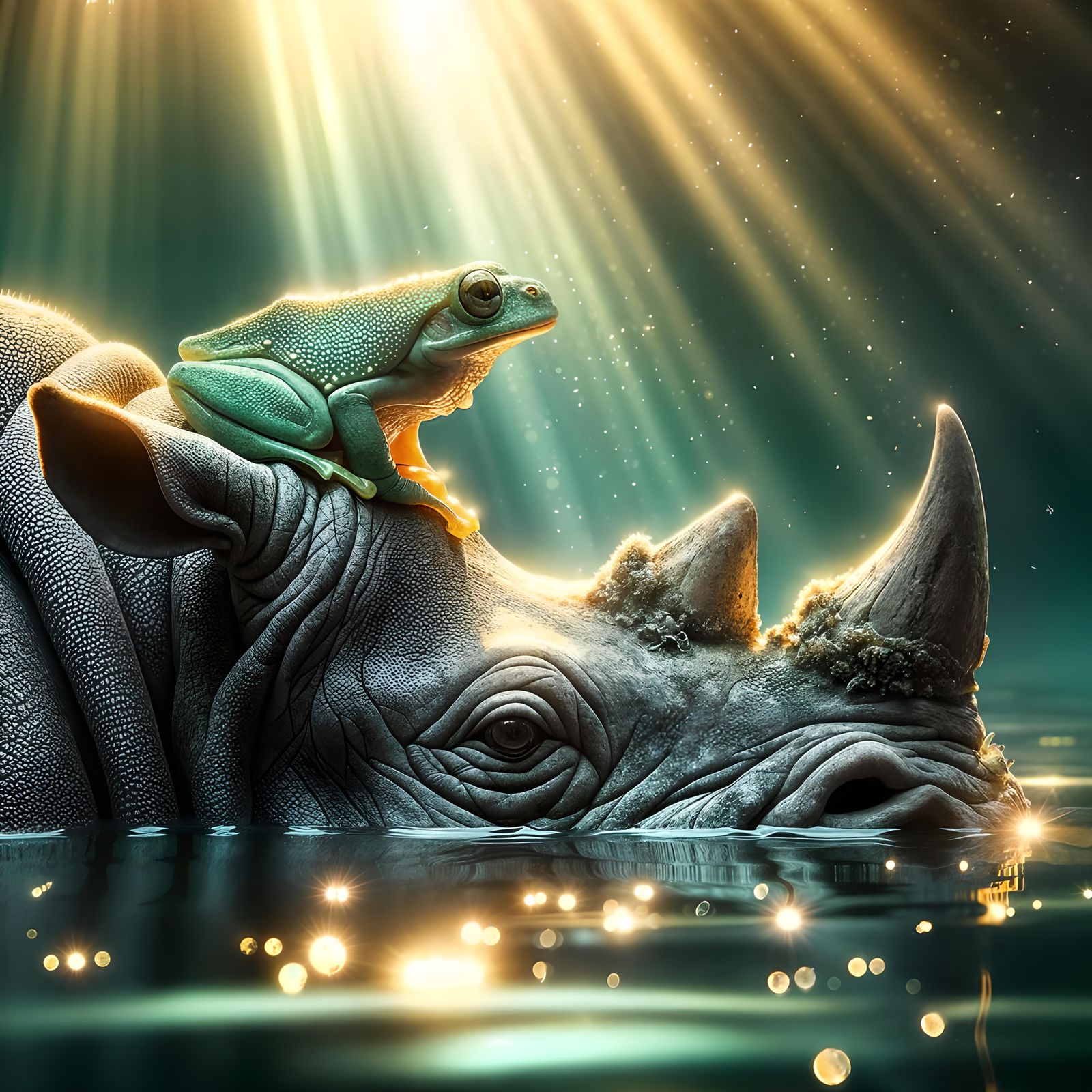 Hyperrealistic Frog Mesmerized by Sunlight on Rhino