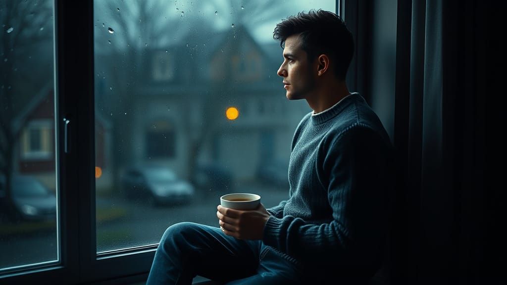 Thoughtful Young Man in Rainy Window Scene