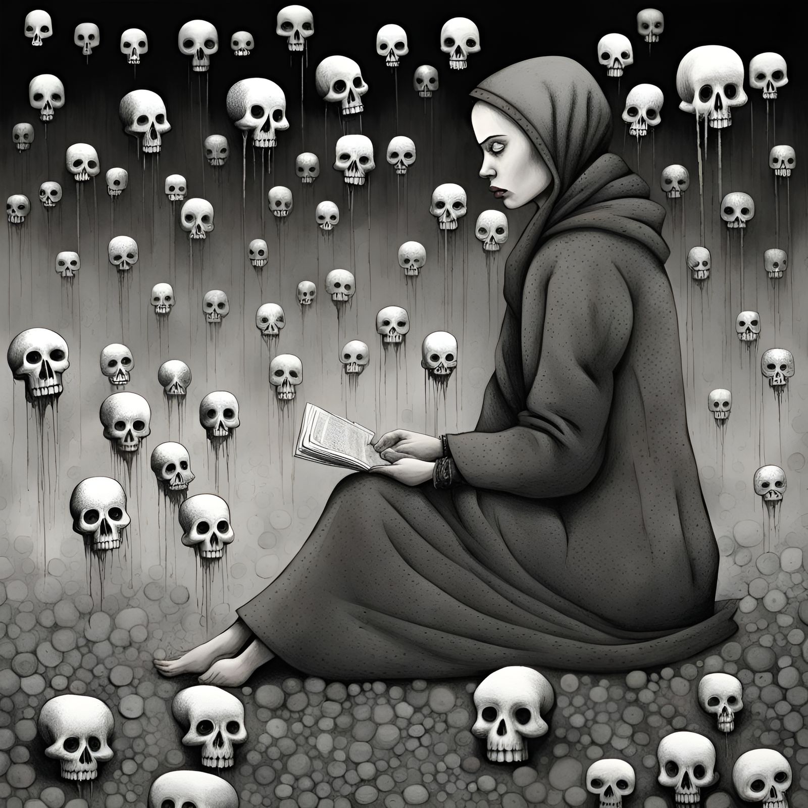 Woman Surrounded by Skulls in Comic Book Art