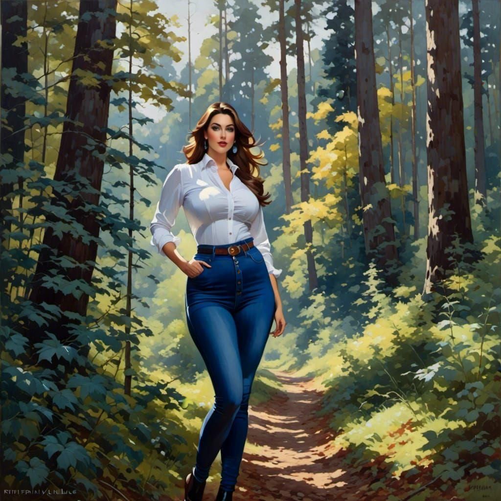 Brunette Woman Exploring Forest Painting