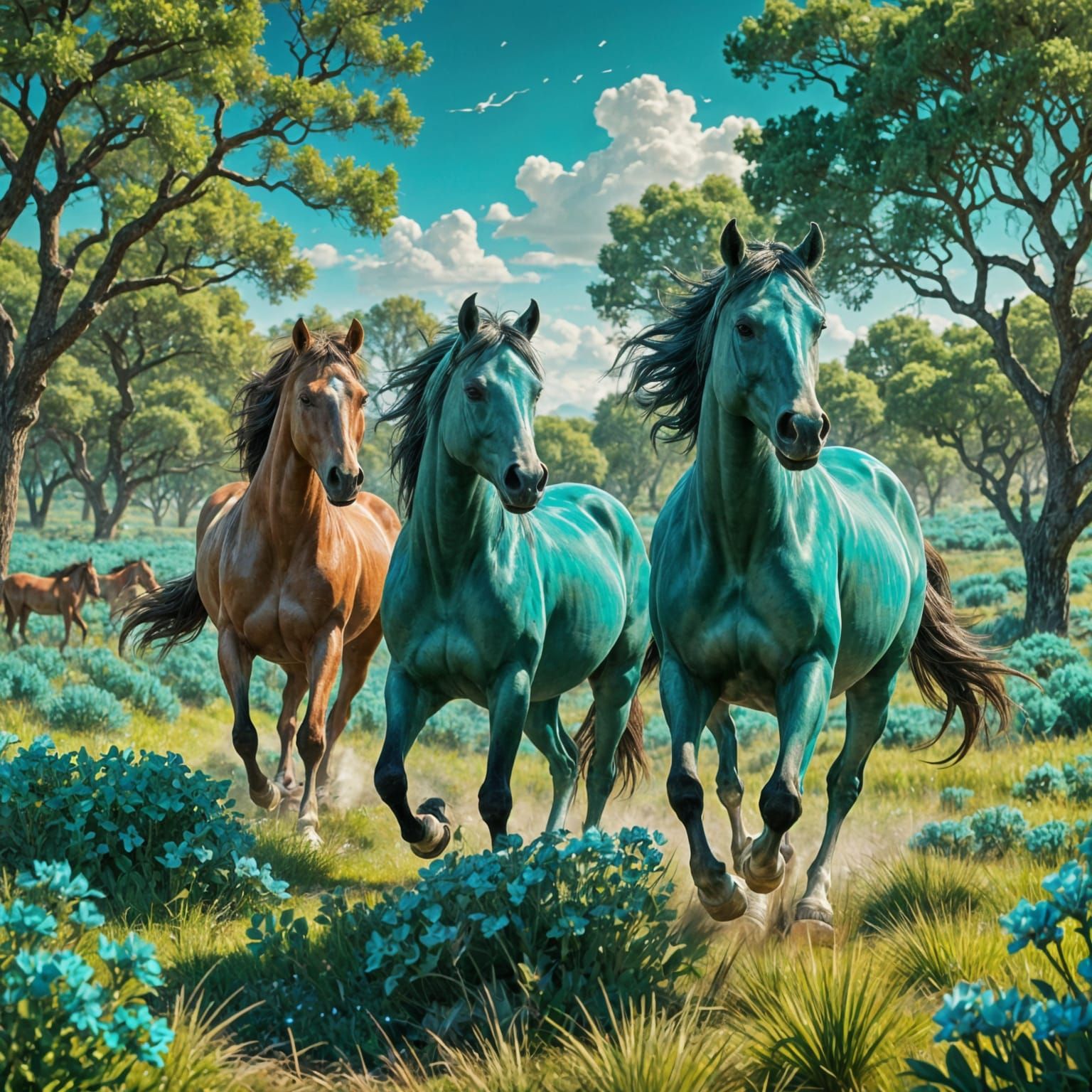 Jade Horses Galloping in Turquoise Fields
