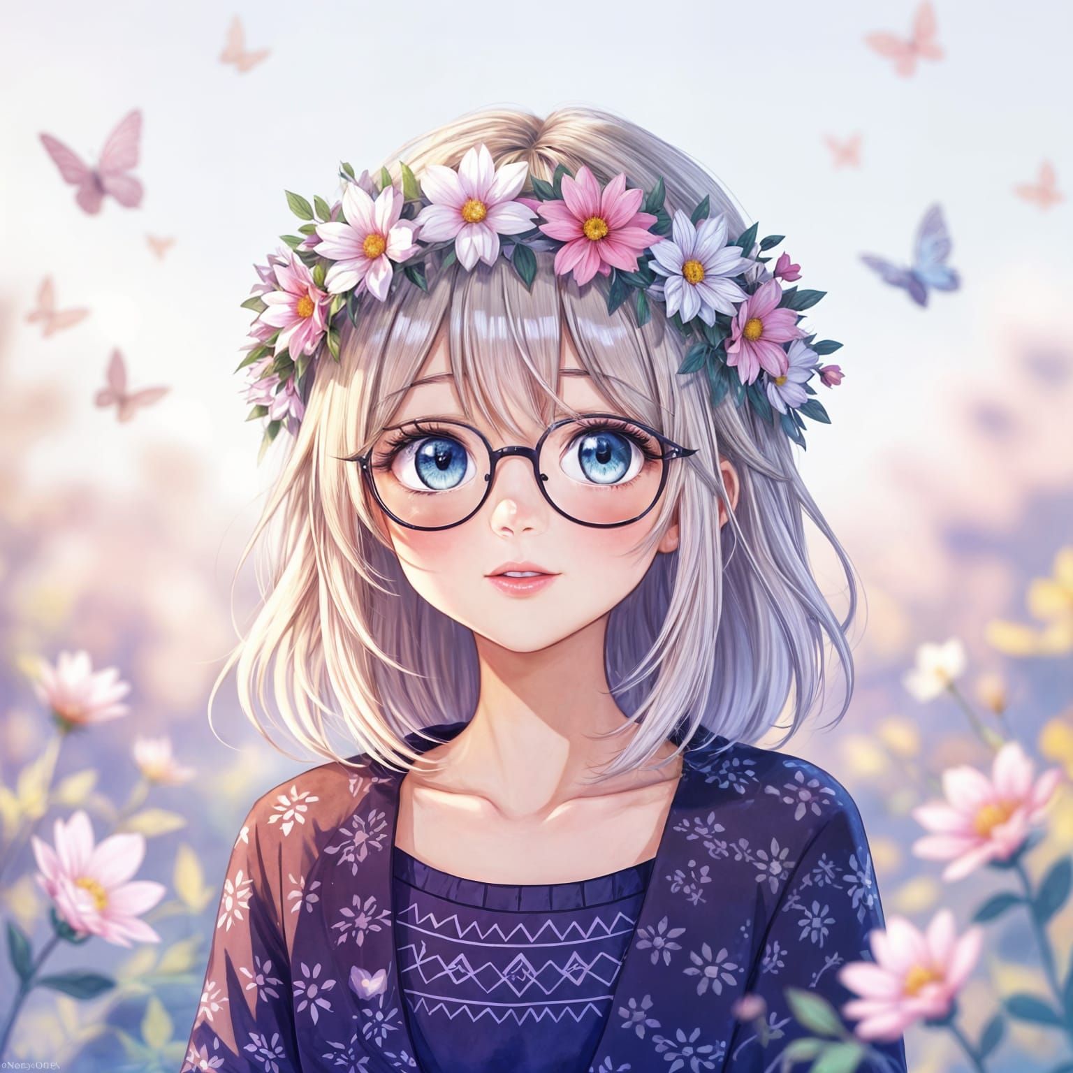 Anime Girl with Flower Crown in Watercolor Style