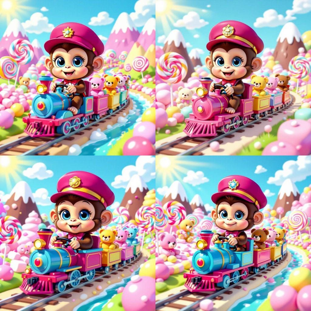 Cartoon Monkey Conductor in Candy Wonderland, Comic Book Sty...
