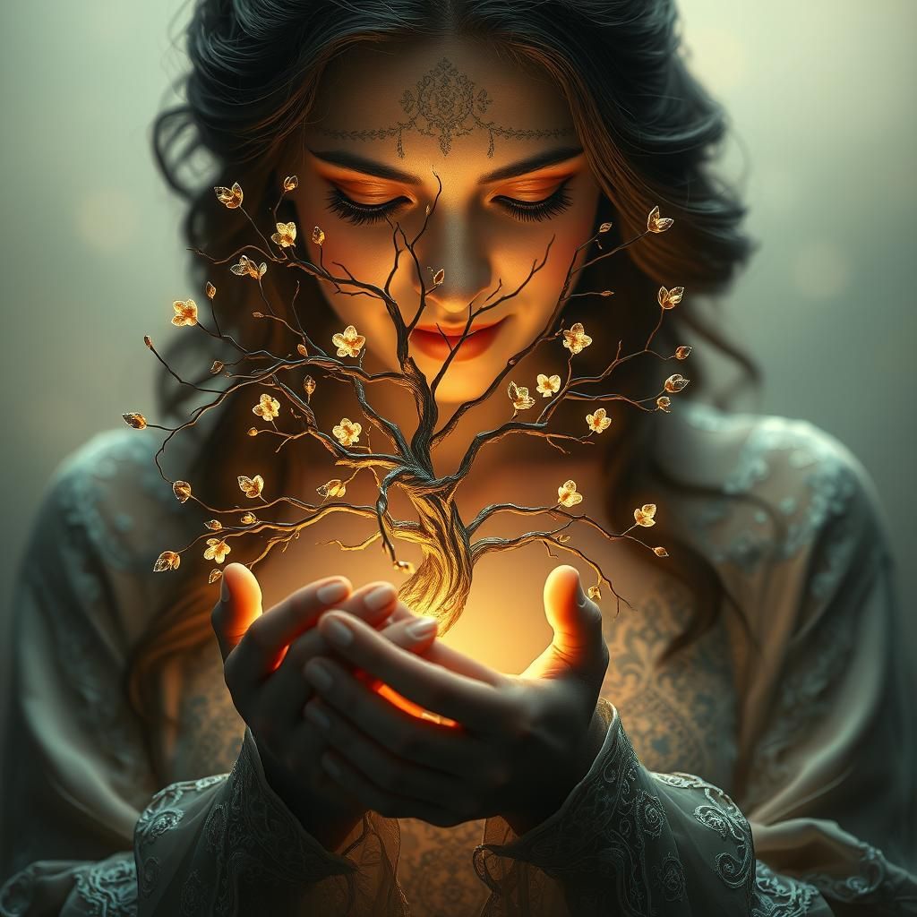 Woman Cradles Glowing Tree of Love: Dreamy Art