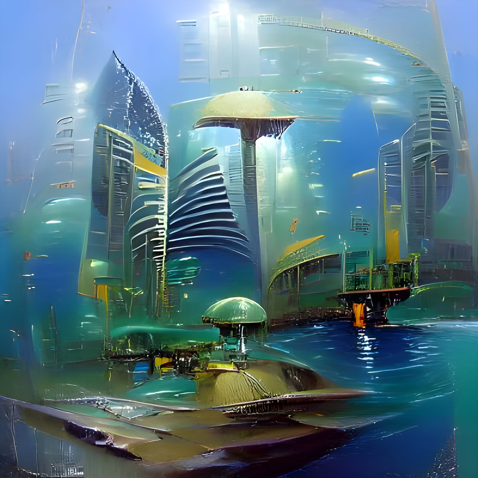 Tropical Underwater City in Oil Painting Style