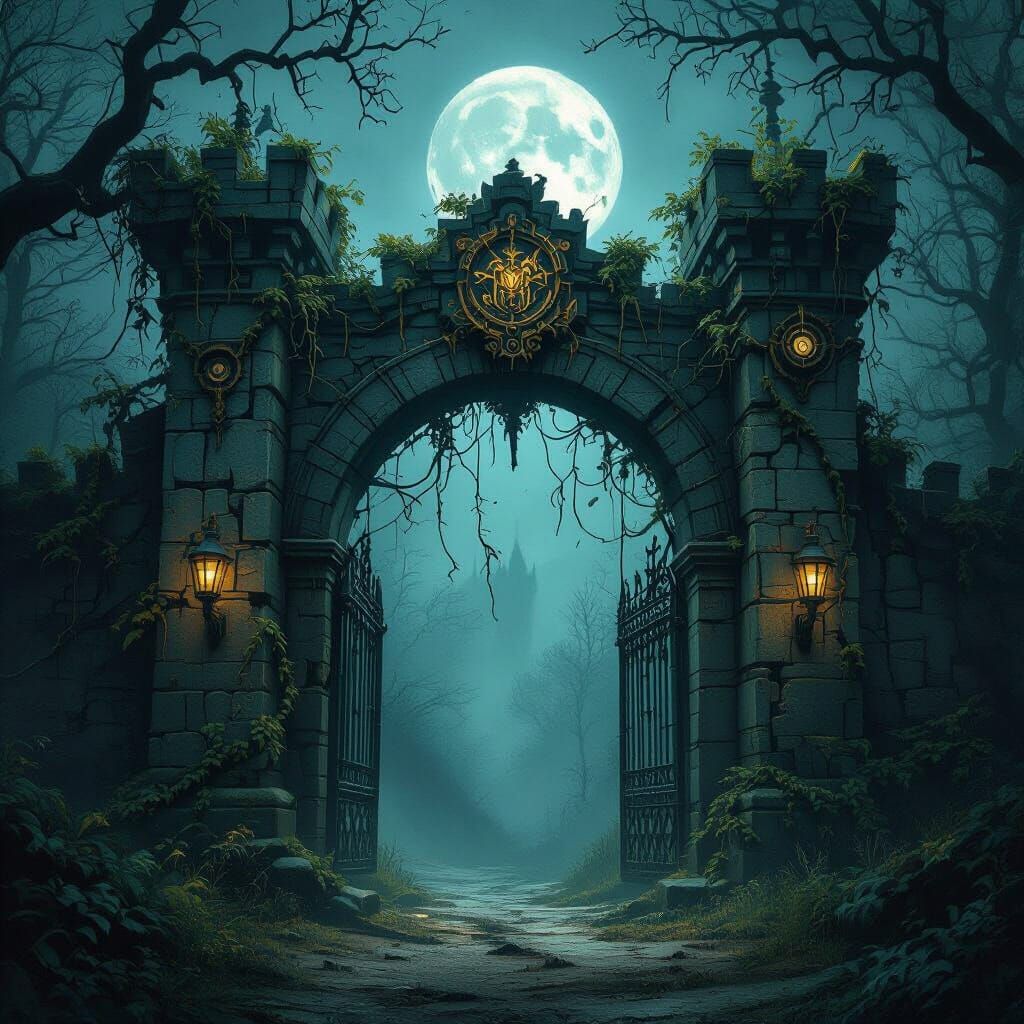 Ancient Castle Gate with Paper Vines and Steampunk Machinery