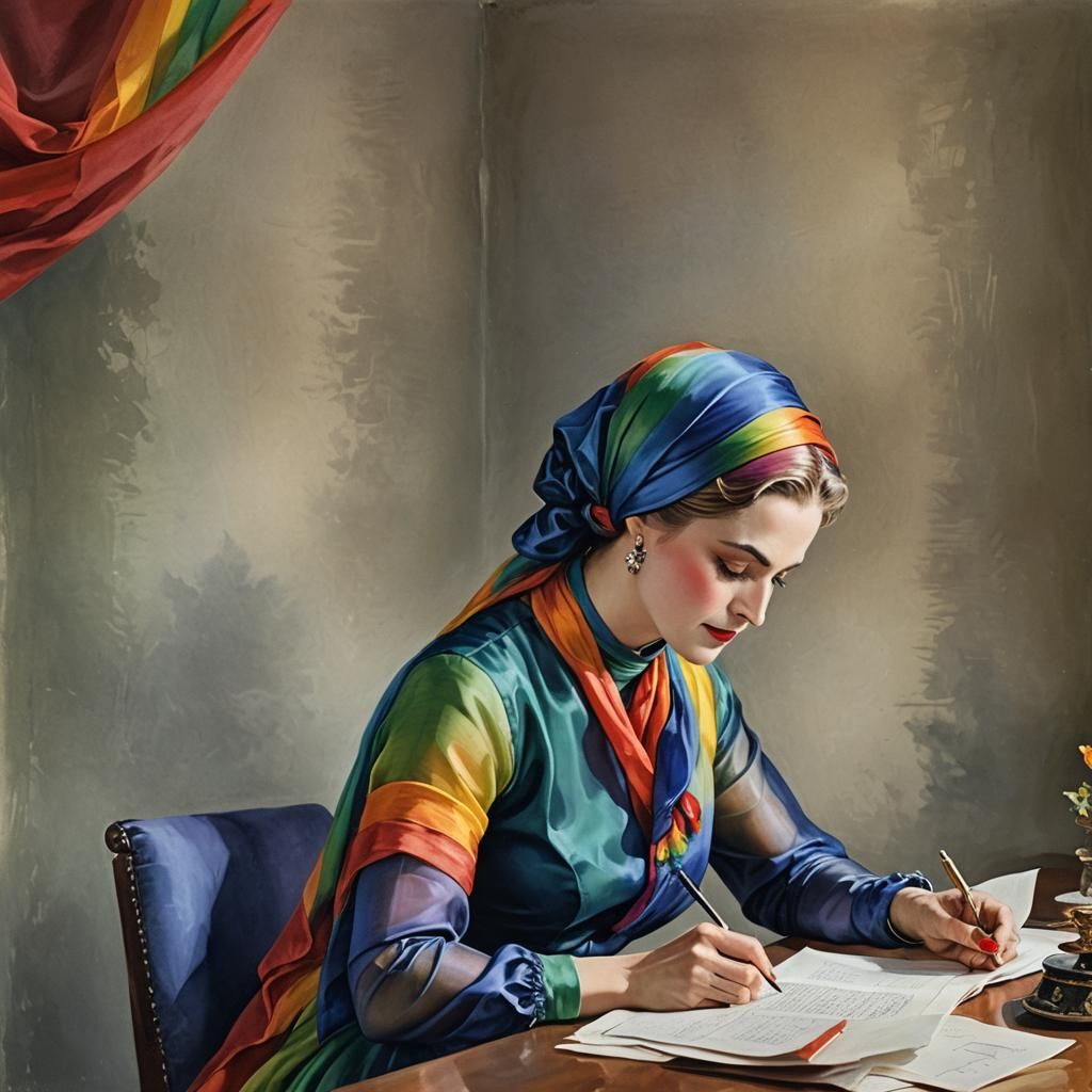 Elegant Glamorous Lady Sitting at a desk writing a letter. I...
