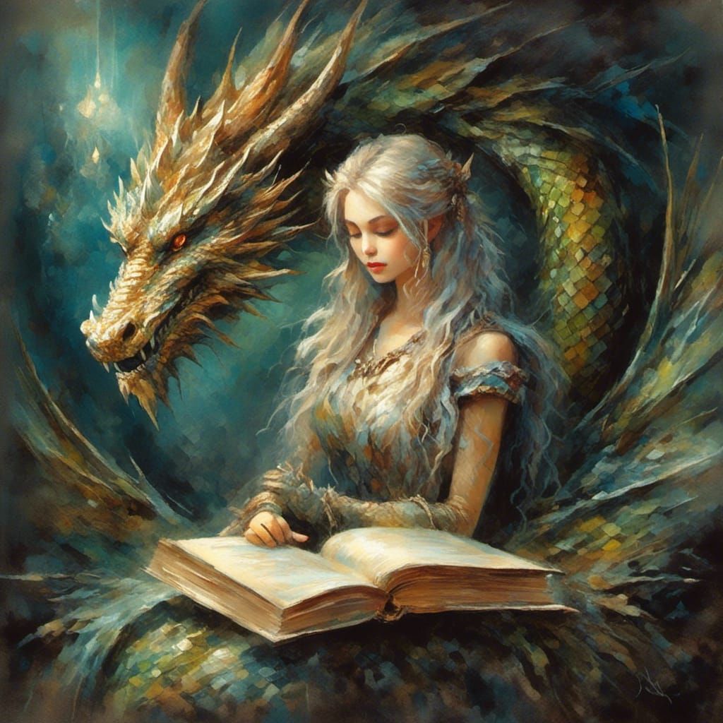 Vintage Fantasy Dragon Reading Book Portrait