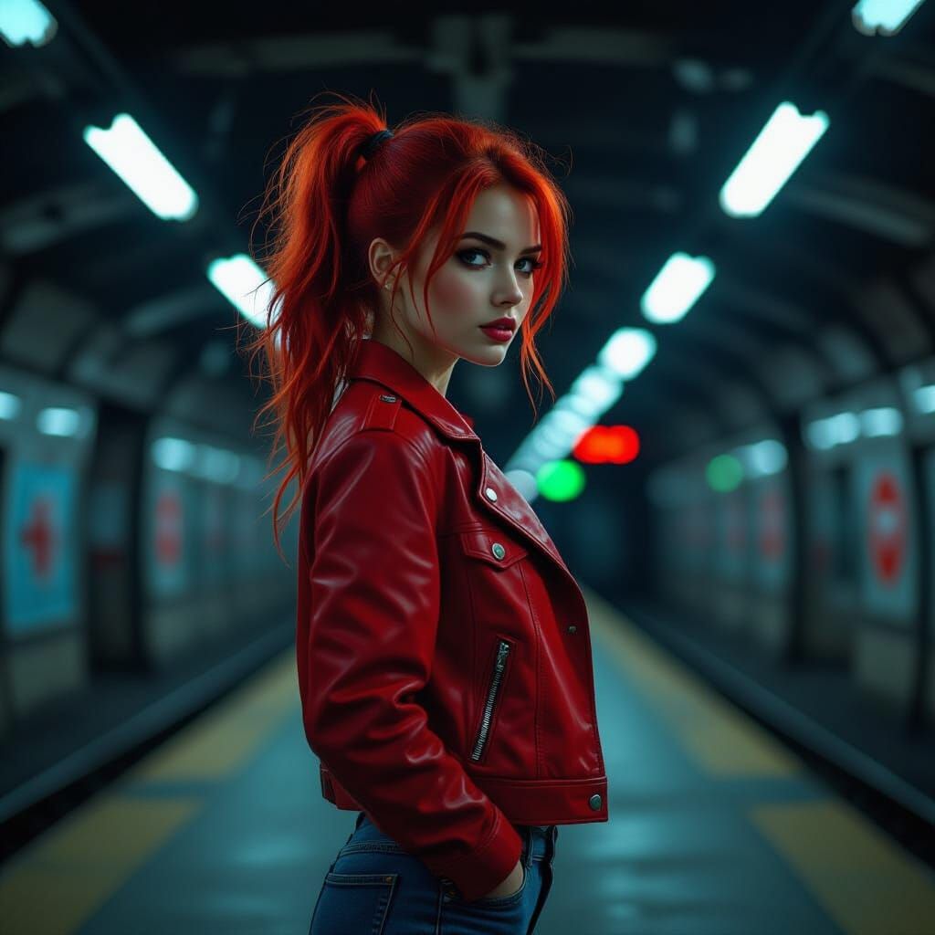 Red-Haired Woman in Eerie Subway Station